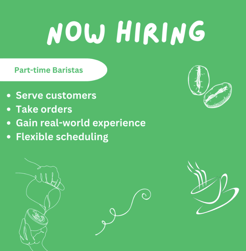 This image depicts a hiring poster for a barista position, which is a part-time job common with high schoolers. Students recommend that part-time jobs only be taken on with previous consideration due to the various obligations.